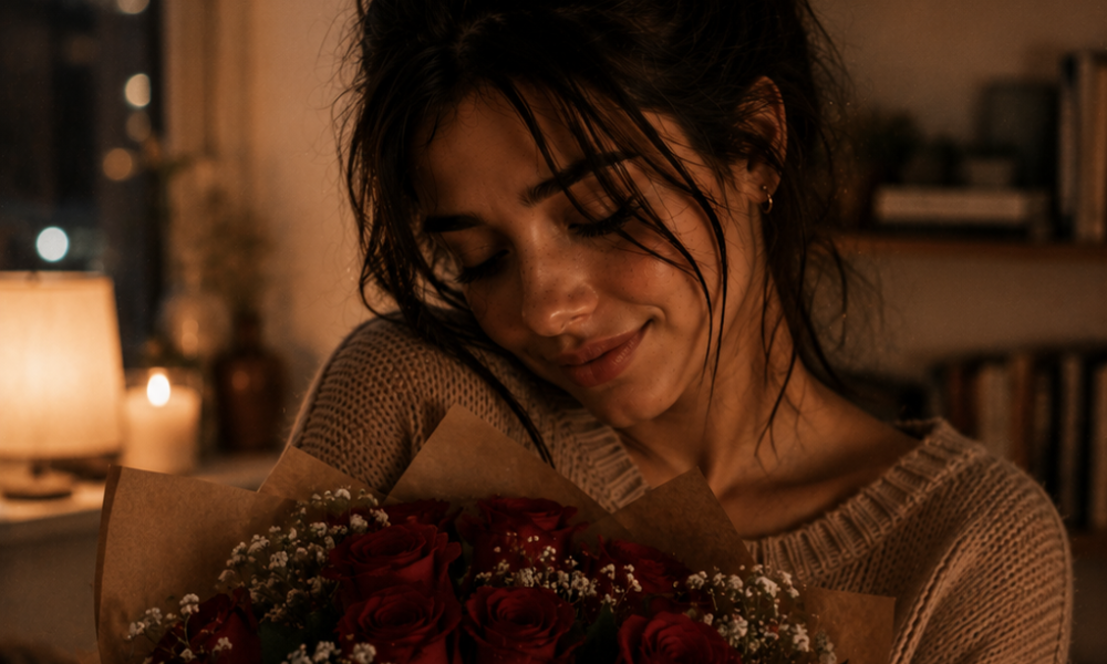 clara abracada com flores