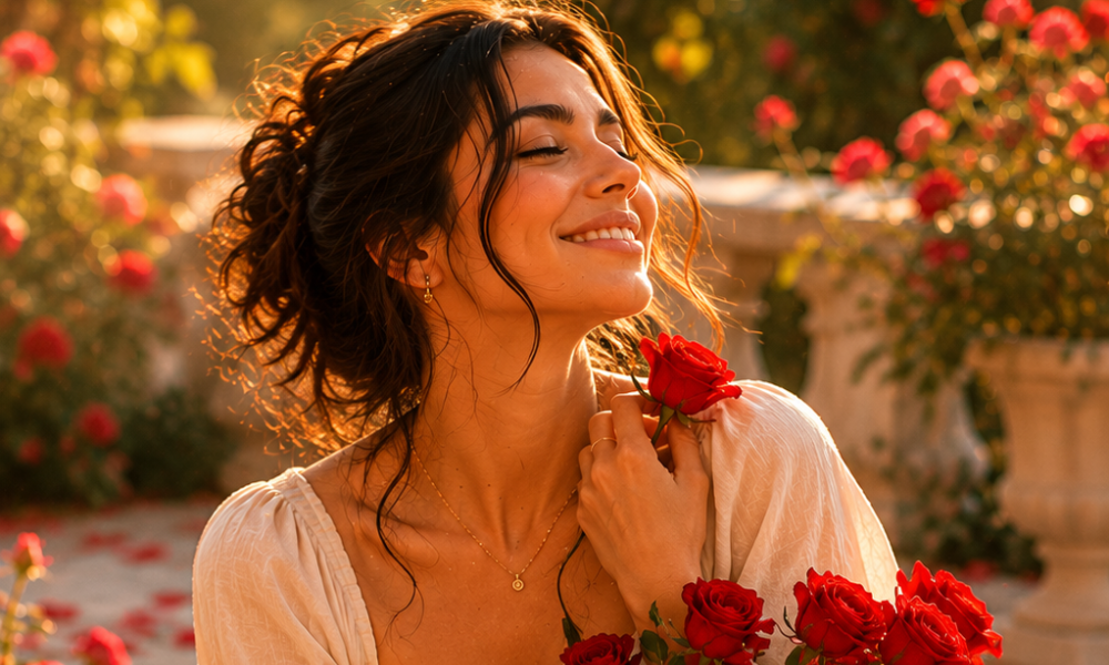 Antes de se escolher, Clara precisou se encontrar! 6 clara sorrindo com flores vermelhas 1